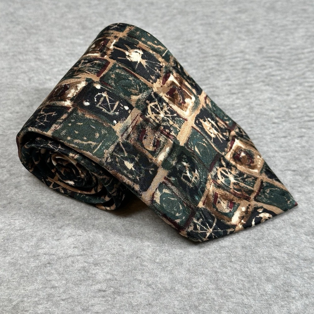 Vintage Tango by Max Raab "Graffiti" 100% Silk Abstract Green Brown Tie 57x3.75"